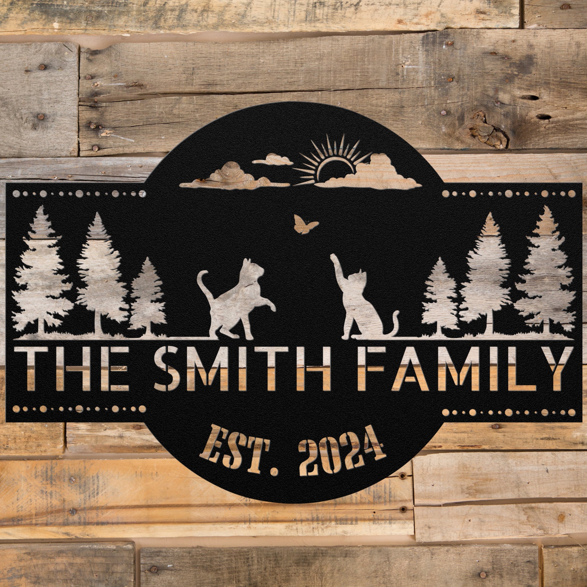 Black customizable metal sign. Add your family name and established date. Cute sign with cats and a butterfly.