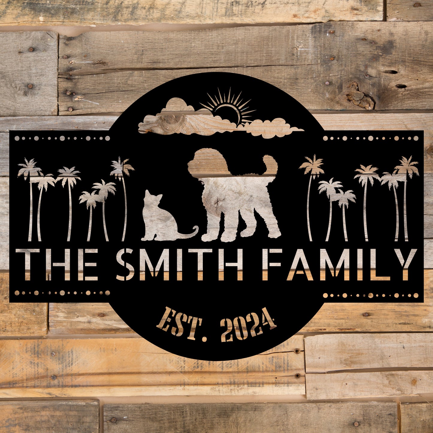 Lovely shaggy dog and cat with palm trees and sunshine. Customize your family name and established date.