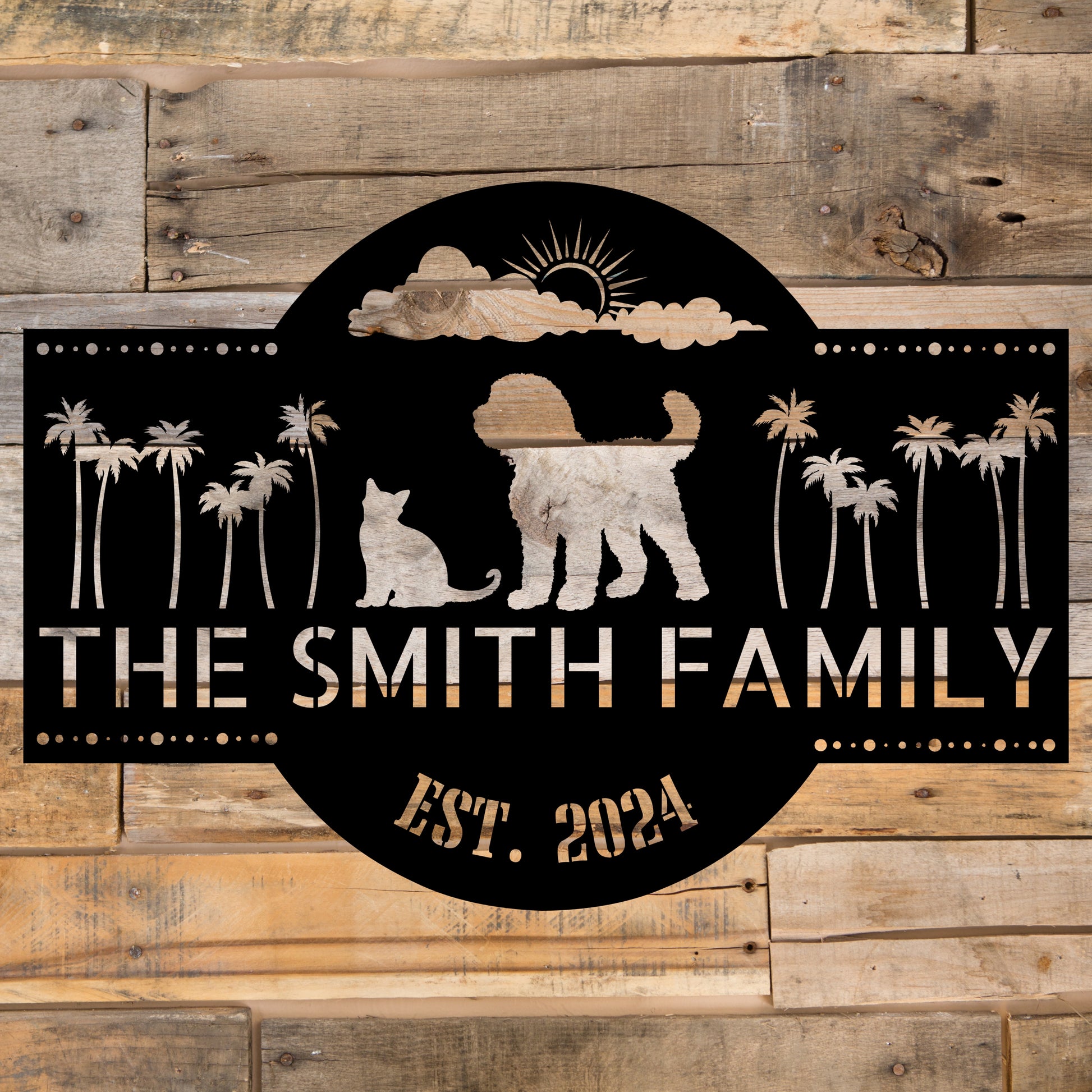 Lovely shaggy dog and cat with palm trees and sunshine. Customize your family name and established date.