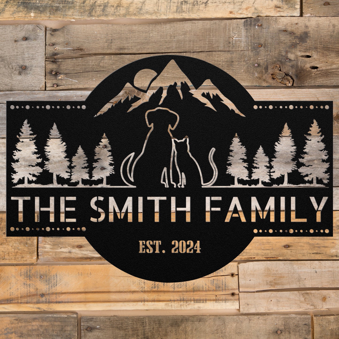 Dog and Cat watching the sun set over the mountains wall decor.  Easily customize your family name and established date.