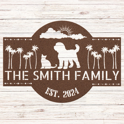 Lovely shaggy dog and cat with palm trees and sunshine. Customize your family name and established date.