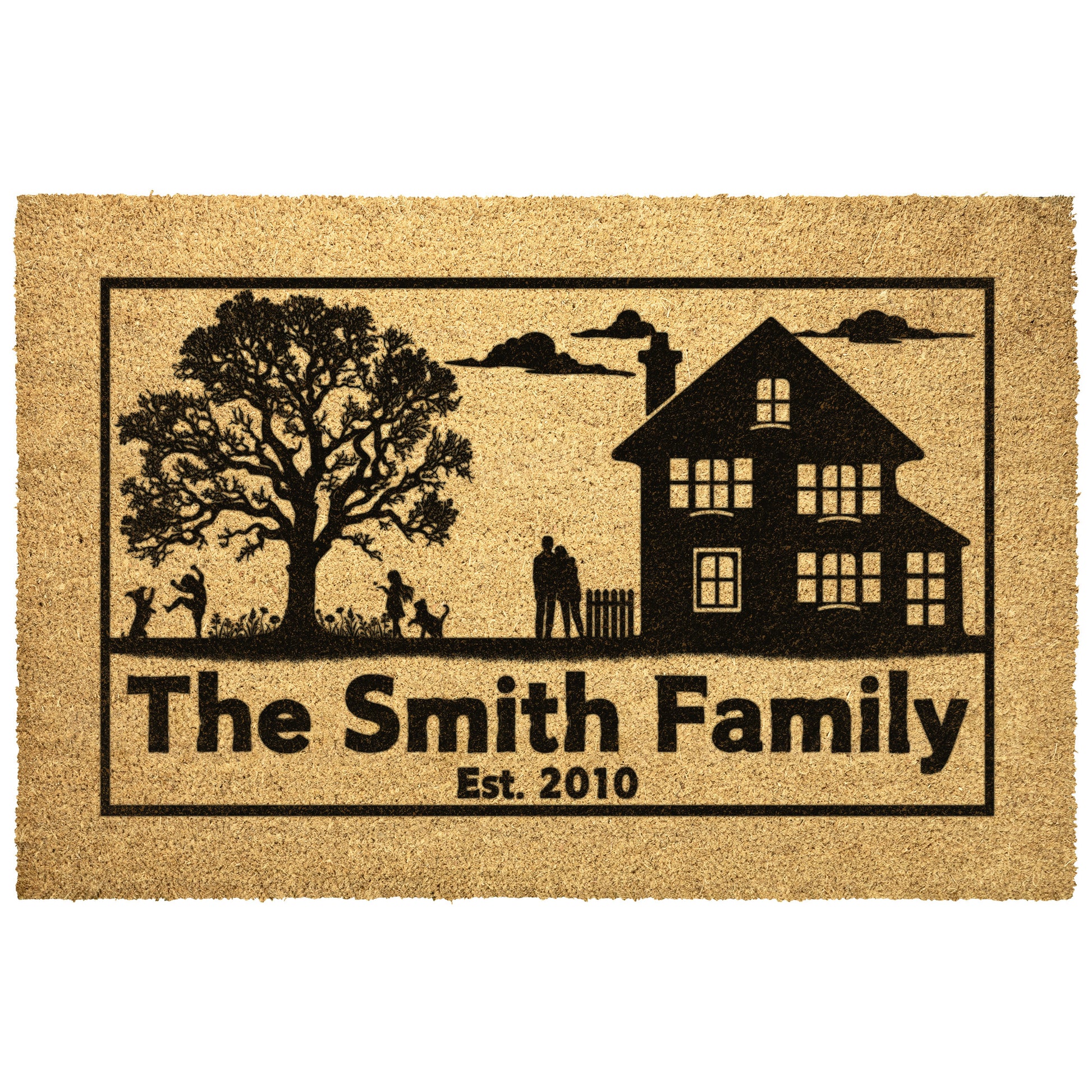 Country Home with family and pets playing in the yard, customize your family name and established date.