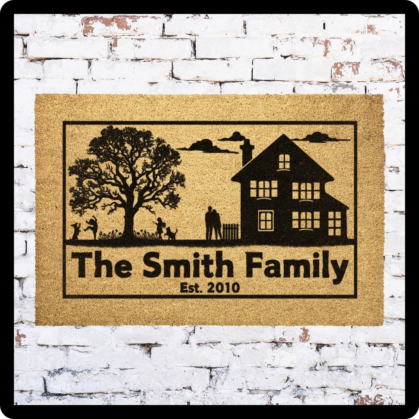 Country Home with family and pets playing in the yard, customize your family name and established date.