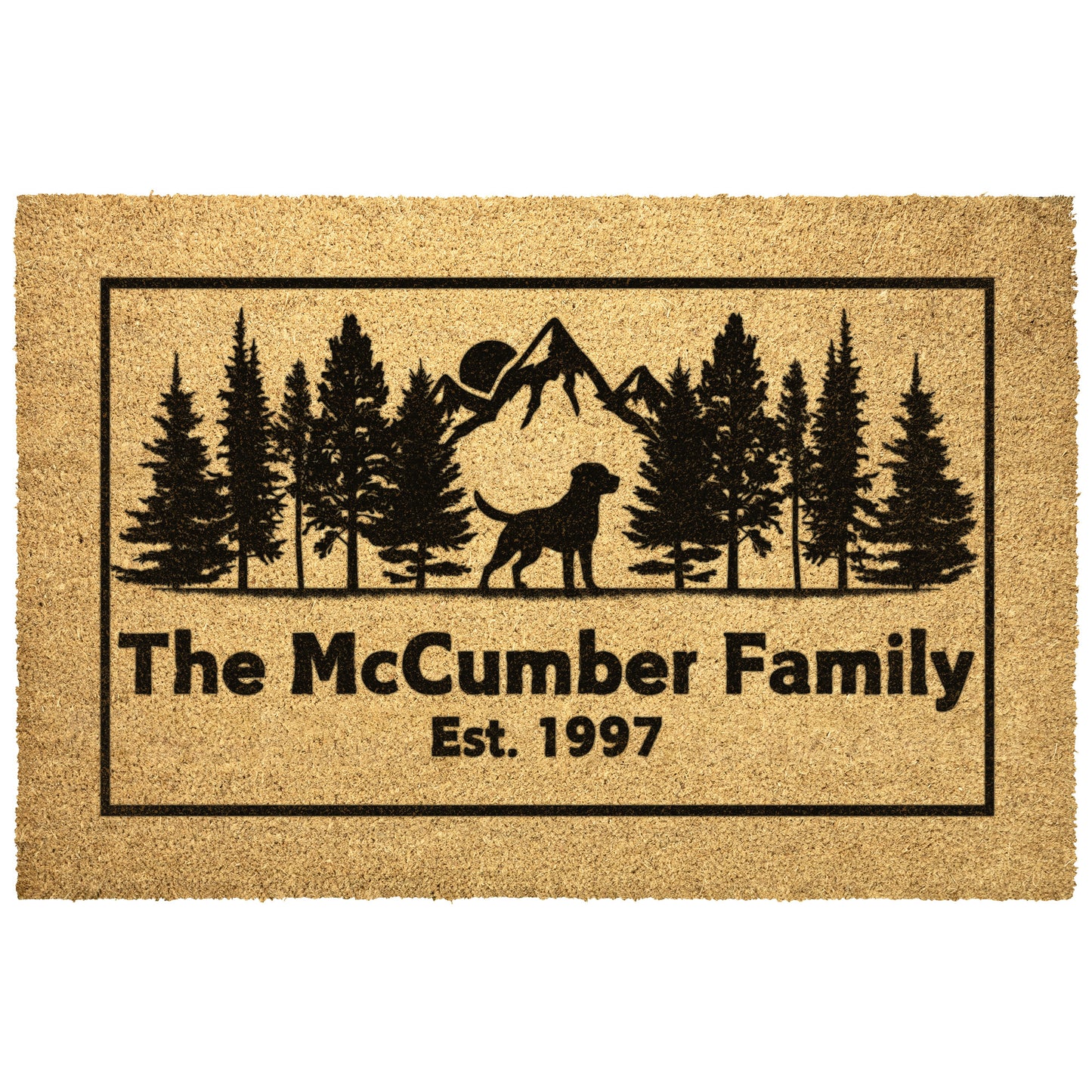 Mountain Scene with Dog and Evergreen trees. Customize your family name and established date.