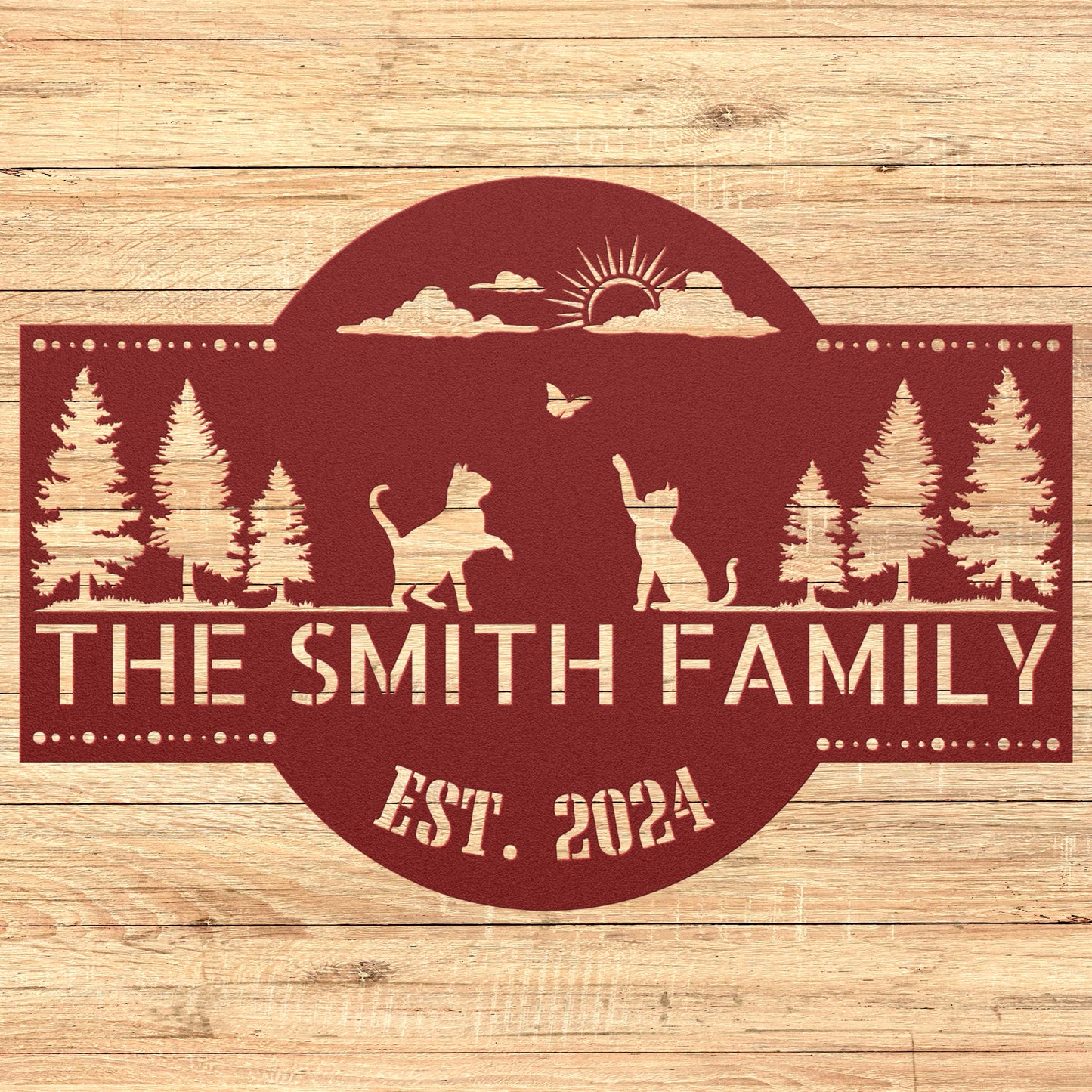 Red customizable metal sign. Add your family name and established date. Cute sign with cats and a butterfly.