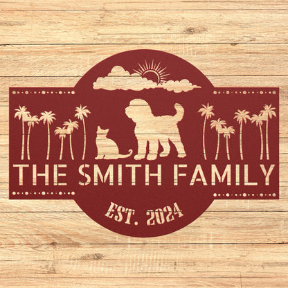 Lovely shaggy dog and cat with palm trees and sunshine. Customize your family name and established date.