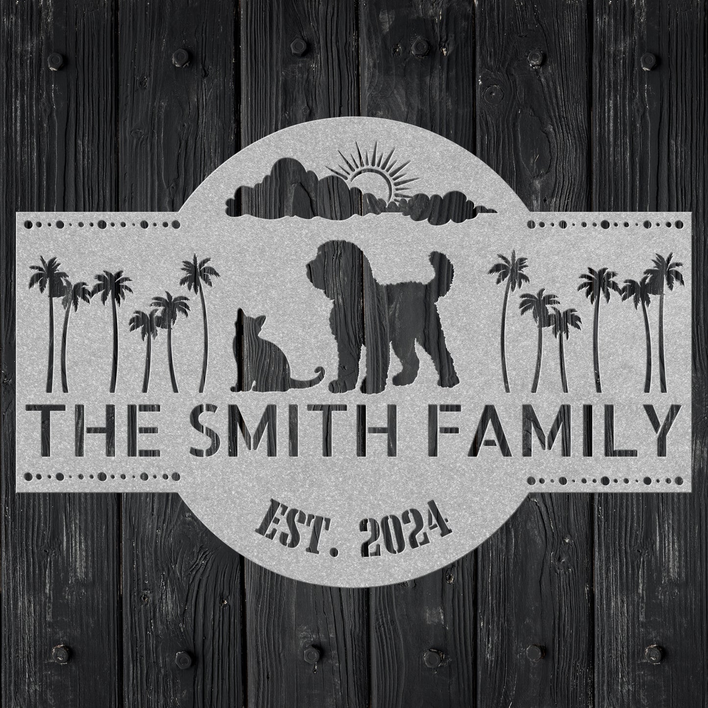 Lovely shaggy dog and cat with palm trees and sunshine. Customize your family name and established date.