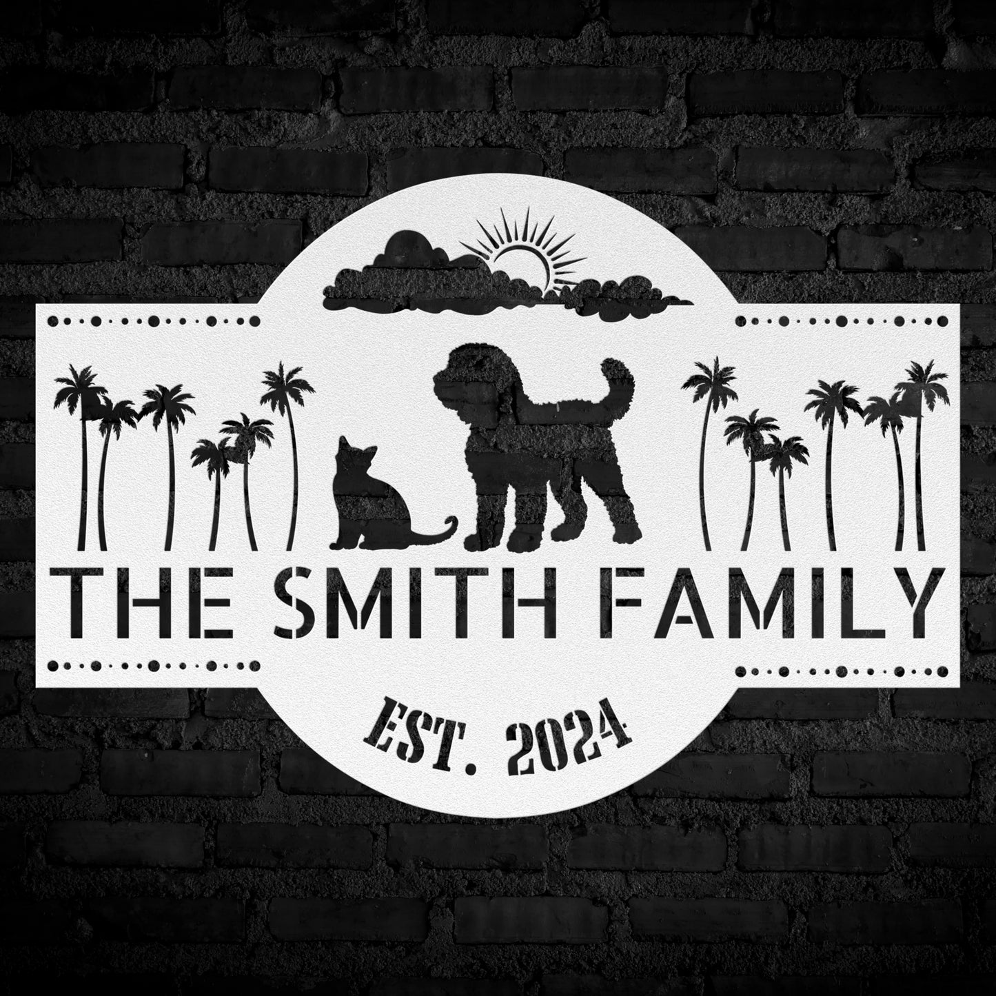 Lovely shaggy dog and cat with palm trees and sunshine. Customize your family name and established date.