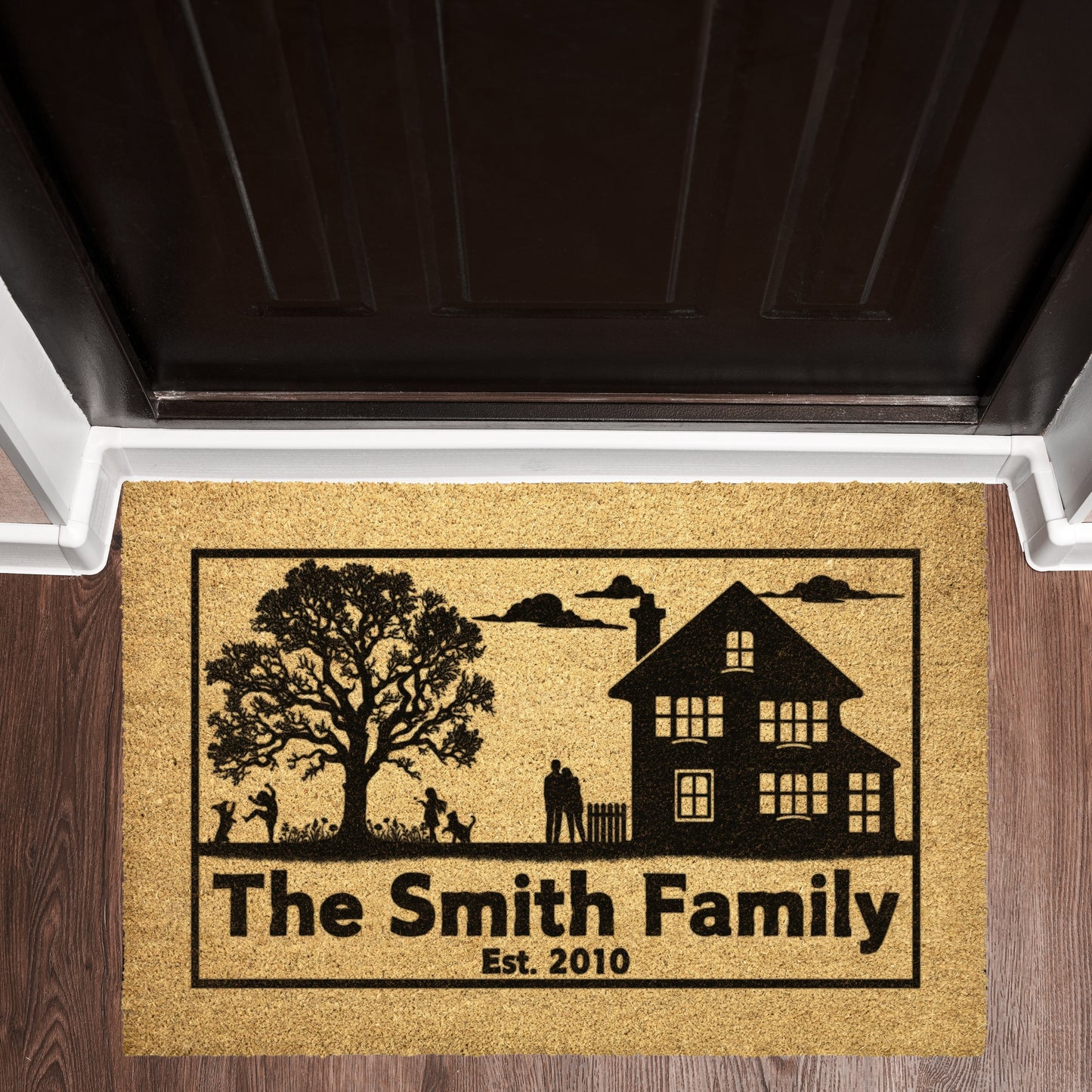 Country Home with family and pets playing in the yard, customize your family name and established date.