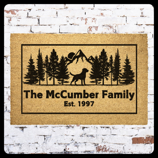 Mountain Scene with Dog and Evergreen trees. Customize your family name and established date.